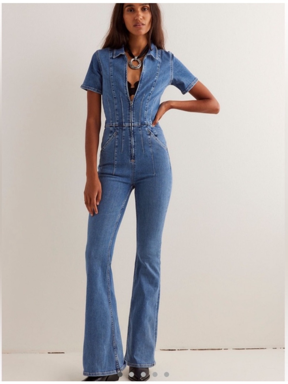 Free People Blue Denim Flare Jumpsuit